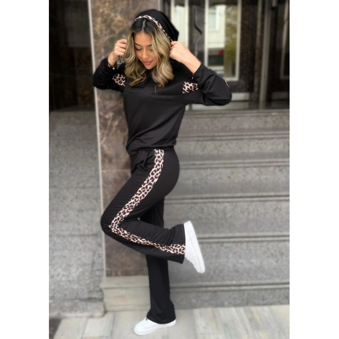 Kadın Kapüşonlu Leopar Detay weat Ve Yüksek Bel Yanları Leopar şeritli Bol Paça Pantolon Ikili Takım