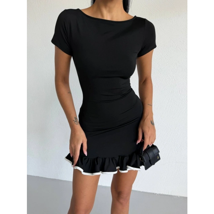 Kadın Kayık Yaka Kısa Kollu Eteği Olan Detay Dalgıç Kumaş ini Elbise