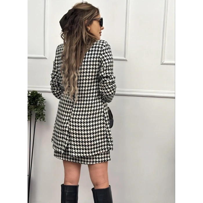 Kadın Kazayağı Desen Vatka Detay Kaban Ve Yüksek Bel Etek Ikili Takım