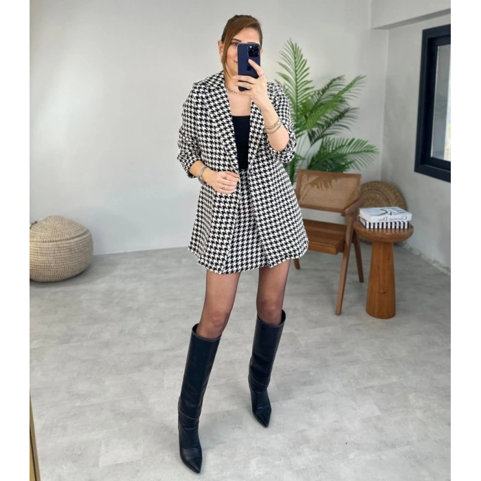 Kadın Kazayağı Desen Vatka Detay Kaban Ve Yüksek Bel Etek Ikili Takım