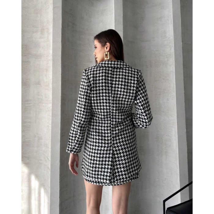 Kadın Kazayağı Desen Vatka Detay Kaban Ve Yüksek Bel Etek Ikili Takım