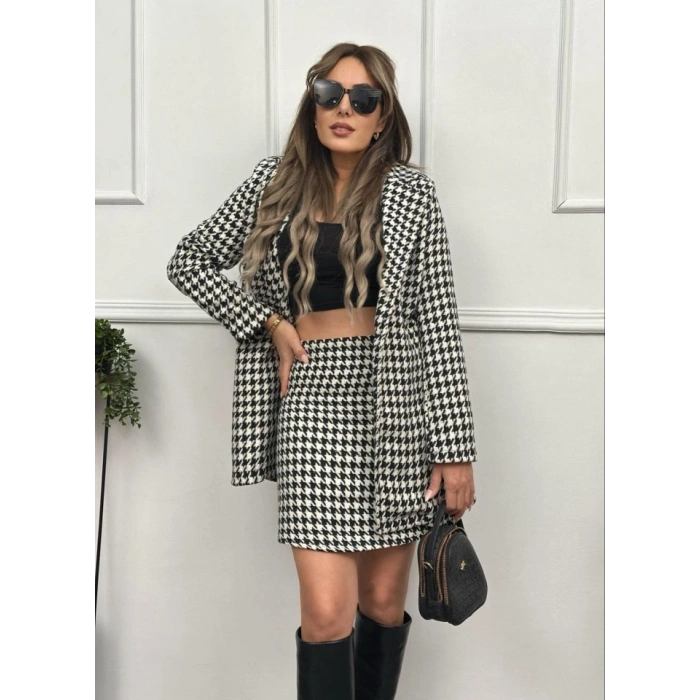 Kadın Kazayağı Desen Vatka Detay Kaban Ve Yüksek Bel Etek Ikili Takım