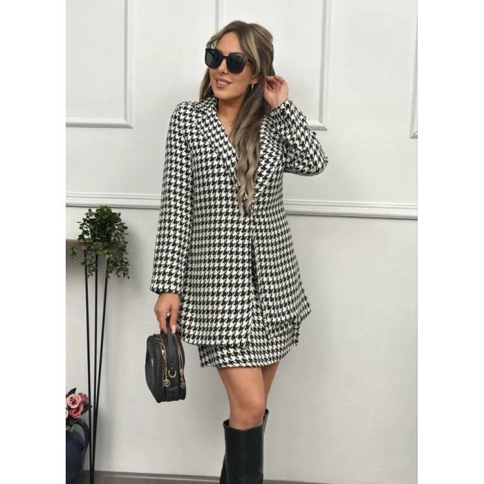 Kadın Kazayağı Desen Vatka Detay Kaban Ve Yüksek Bel Etek Ikili Takım