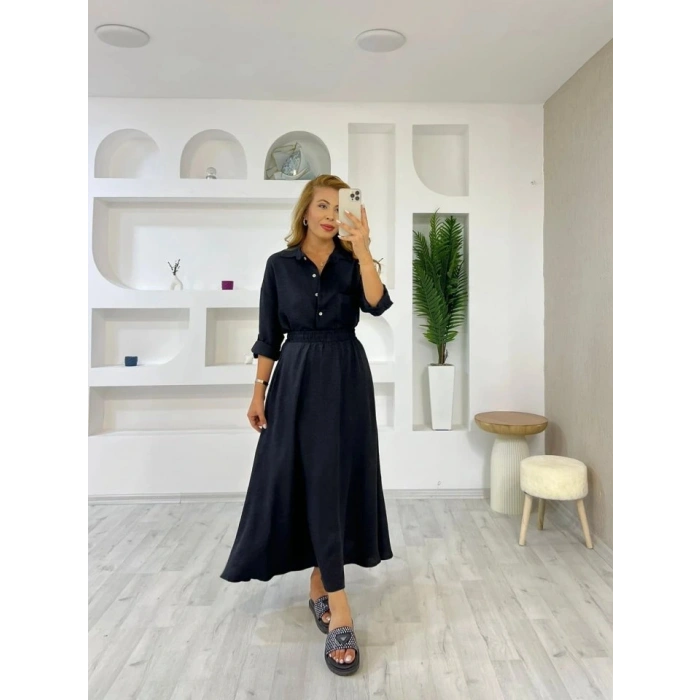 Kadın Keten Kumaş Gömlek Ve Etek Ikili Takim