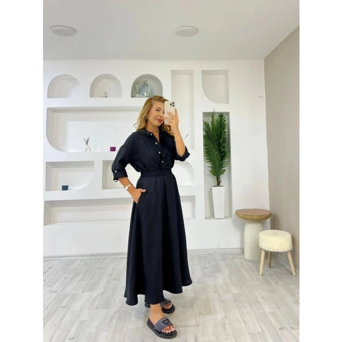 Kadın Keten Kumaş Gömlek Ve Etek Ikili Takim