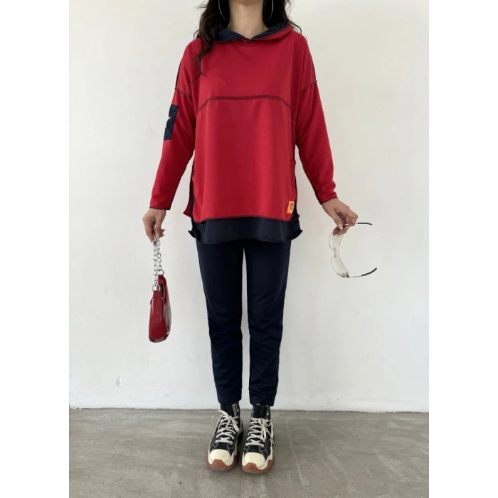 Kadın Kırmızı Kapşonlu Etek Ucu Detay Arma Ters Dikiş Gorunumlu Ikili Takım