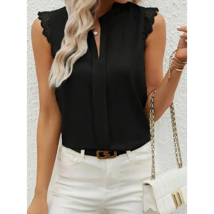 Kadın Kısa Dantel Kollu Hakim Yaka Ithal Krep Bluz