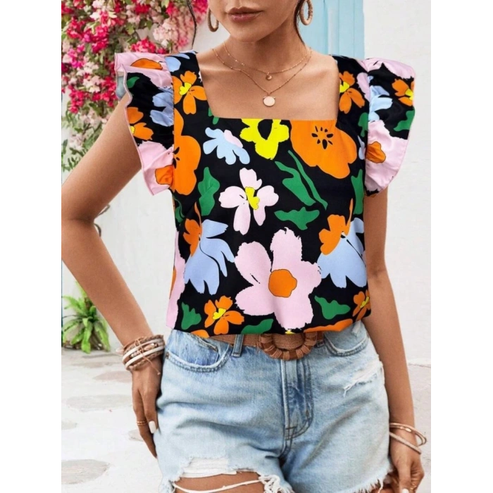 Kadın Kısa Fırfır Kollu Kare Yaka çiçek Desenli Ithal Keten Bluz