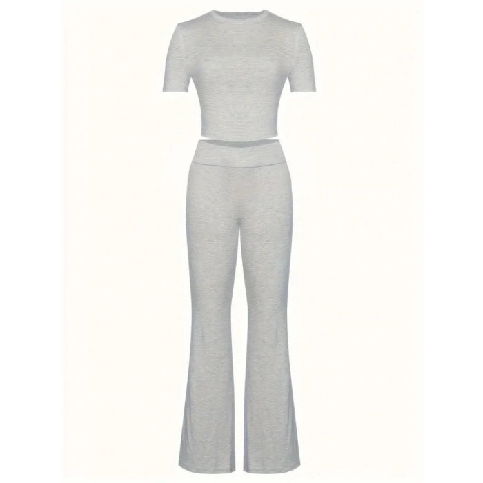 Kadın Kısa Kollu Bisiklet Yaka Alt Ispanyol Paça Viskon Ikili Takım