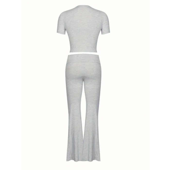 Kadın Kısa Kollu Bisiklet Yaka Alt Ispanyol Paça Viskon Ikili Takım