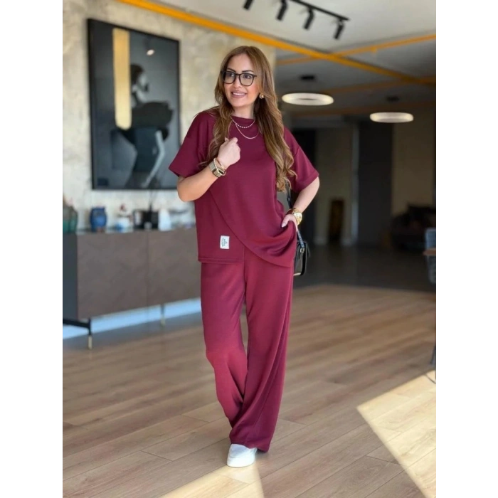 Kadın Kısa Kollu Bisiklet Yaka Asimetrik Viskon Iki Iplik Bluz Ve Pantolon Ikili Takım