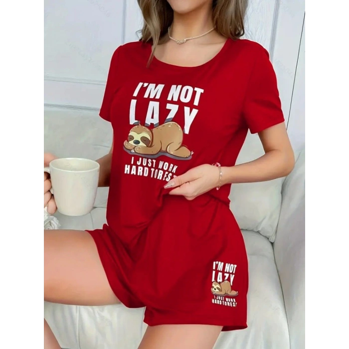 Kadın Kısa Kollu Bisiklet Yaka Baskılı Viskon Bluz Ve şort Ikili Takım