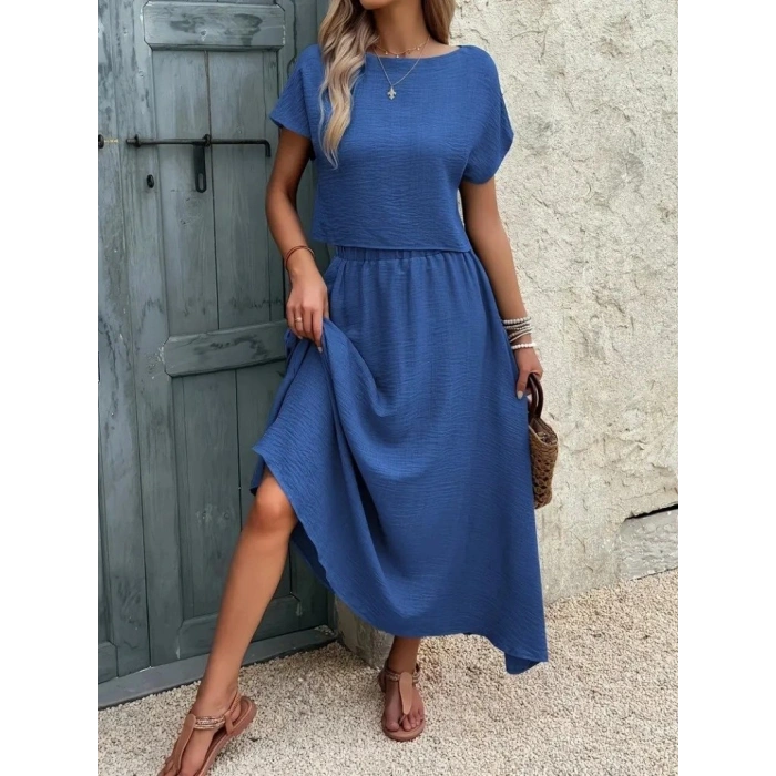 Kadın Kısa Kollu Bisiklet Yaka Bluz Etekli Ithal Keten Ikili Takım