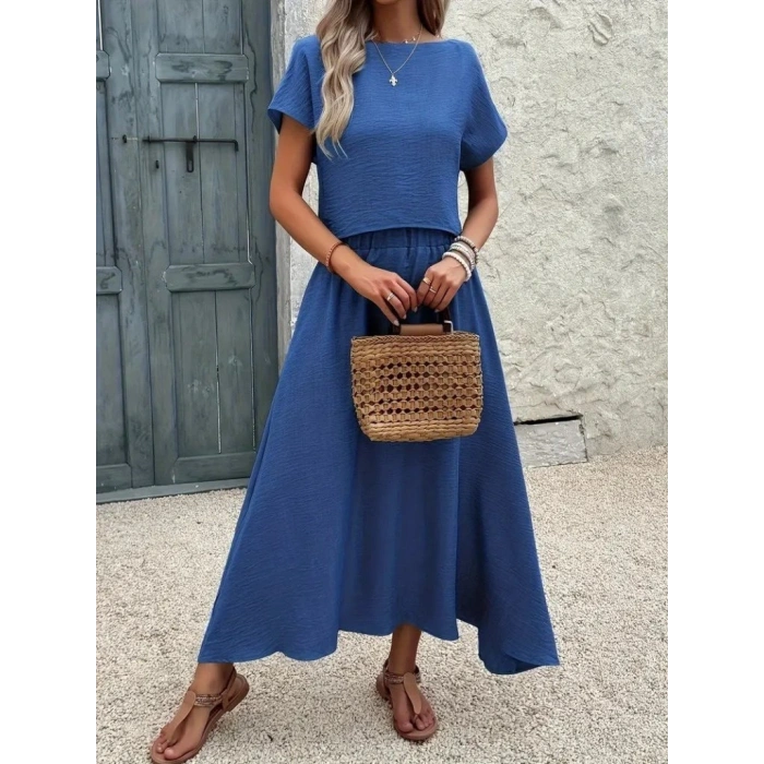 Kadın Kısa Kollu Bisiklet Yaka Bluz Etekli Ithal Keten Ikili Takım