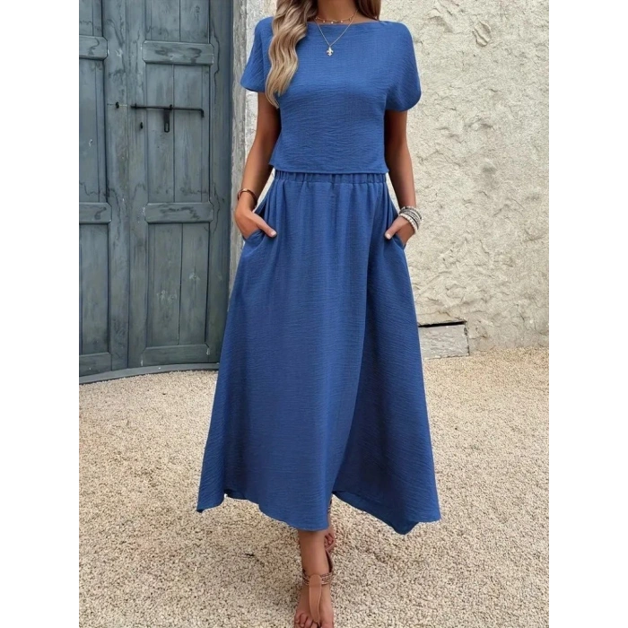 Kadın Kısa Kollu Bisiklet Yaka Bluz Etekli Ithal Keten Ikili Takım