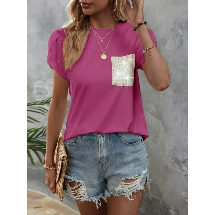 Kadın Kısa Kollu Bisiklet Yaka Cep Pul Payet Detay Viskon Bluz