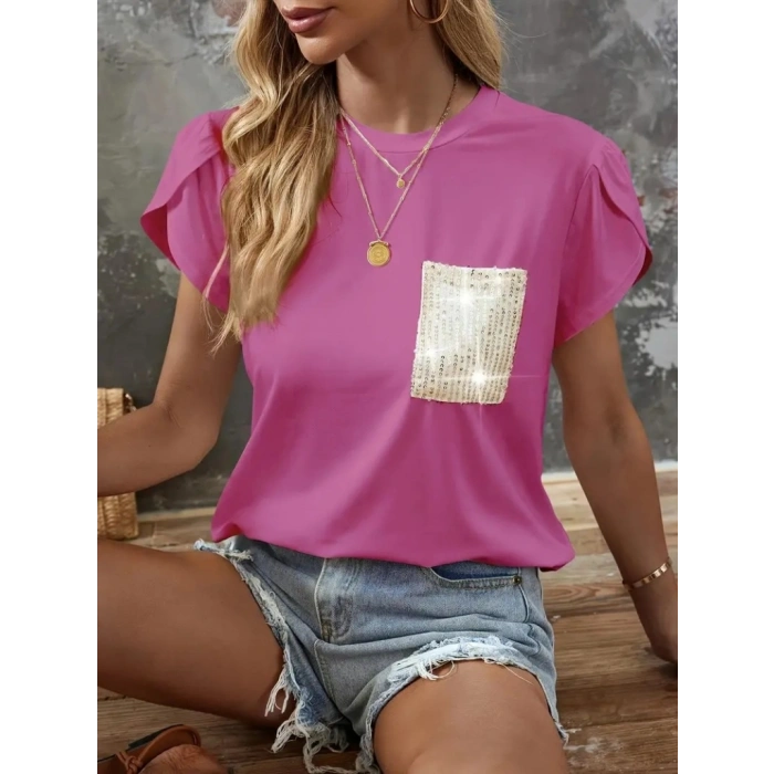 Kadın Kısa Kollu Bisiklet Yaka Cep Pul Payet Detay Viskon Bluz