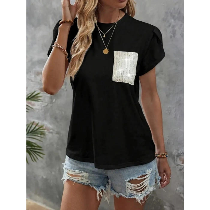 Kadın Kısa Kollu Bisiklet Yaka Cep Pul Payet Detay Viskon Bluz