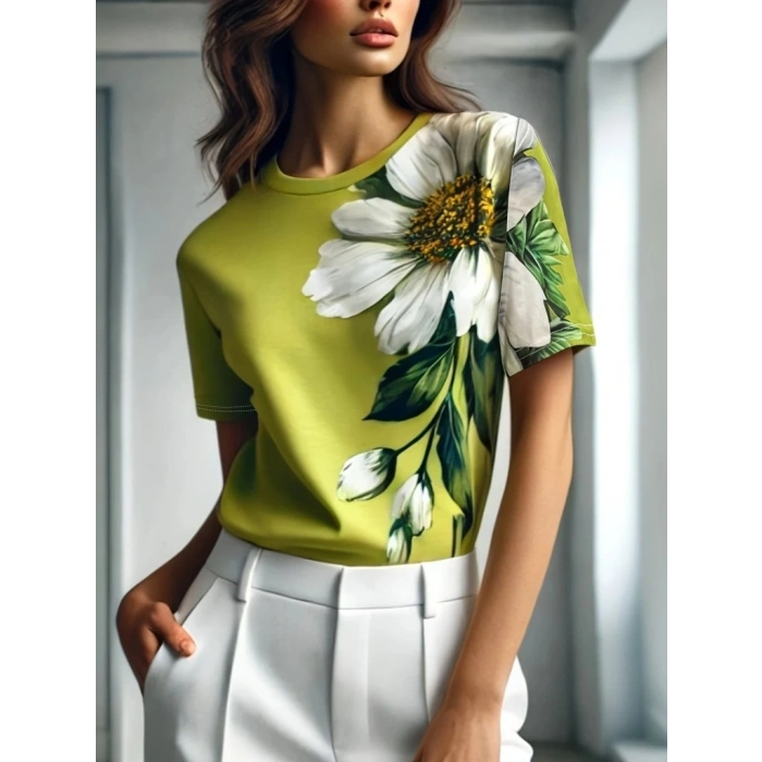 Kadın Kısa Kollu Bisiklet Yaka çiçek Baskılı Süprem Bluz