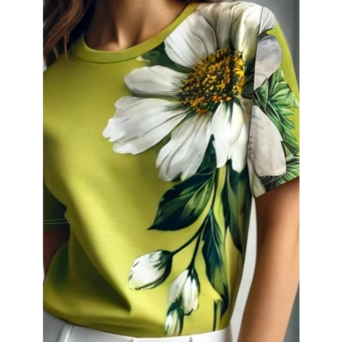 Kadın Kısa Kollu Bisiklet Yaka çiçek Baskılı Süprem Bluz