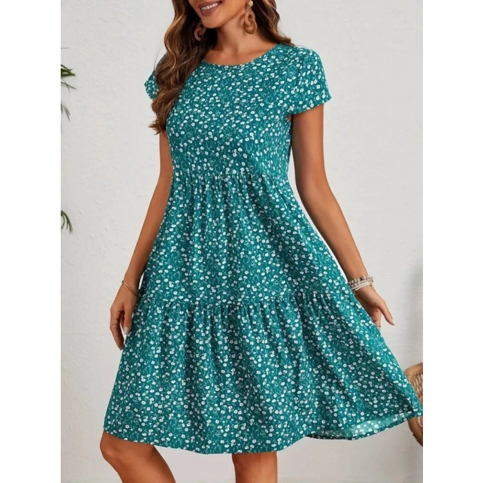 Kadın Kısa Kollu Bisiklet Yaka çiçek Desenli Süprem Elbise