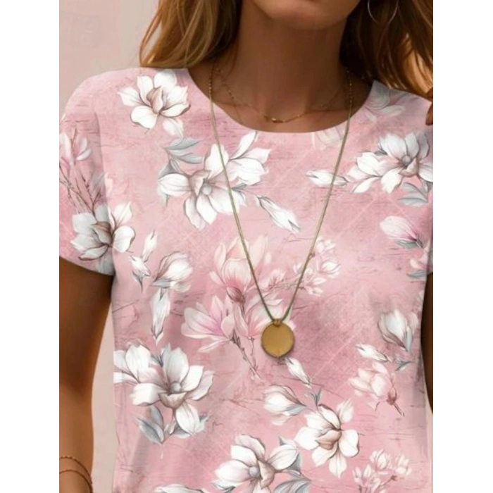 Kadın Kısa Kollu Bisiklet Yaka çiçek Desenli Viskon Bluz