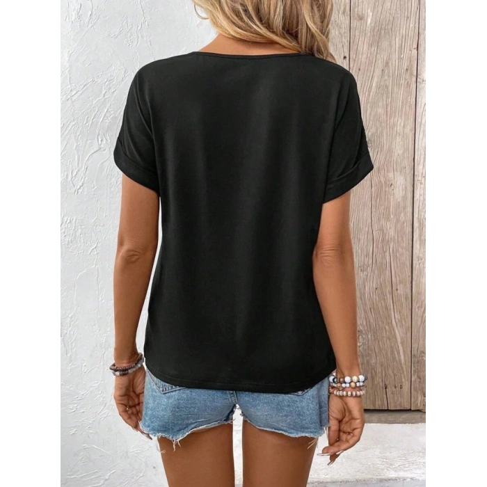 Kadın Kısa Kollu Bisiklet Yaka Dantel Detaylı Viskon Bluz