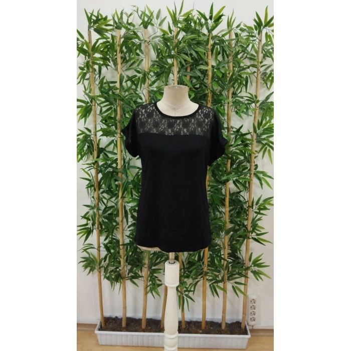 Kadın Kısa Kollu Bisiklet Yaka Dantel Detaylı Viskon Bluz