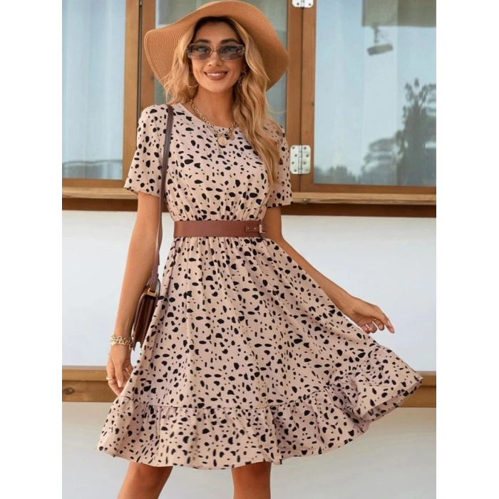 Kadın Kısa Kollu Bisiklet Yaka Desenli Süprem Elbise