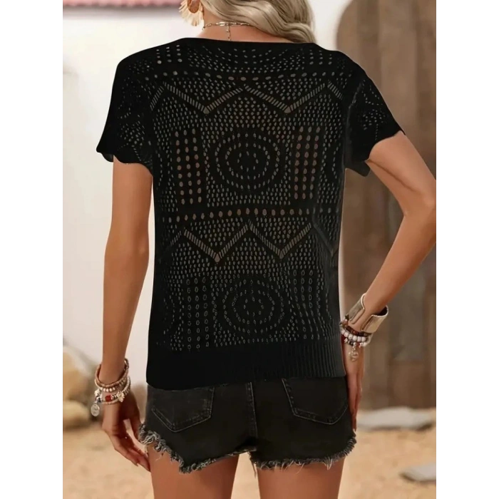 Kadın Kısa Kollu Bisiklet Yaka Desenli Triko Bluz