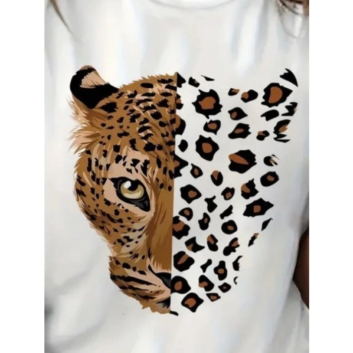 Kadın Kısa Kollu Bisiklet Yaka Desenli Viskon Bluz