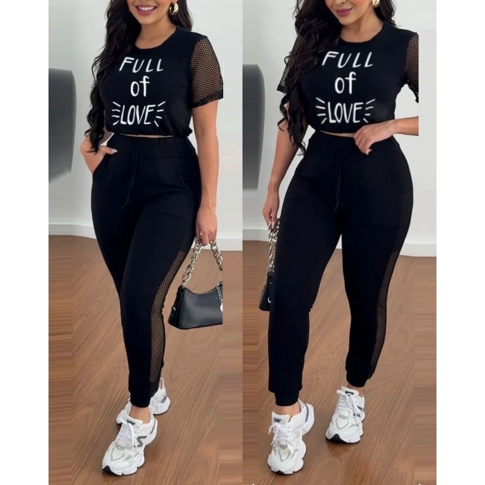 Kadın Kısa Kollu Bisiklet Yaka File Detaylı Viskon Iki Iplik Krop Ve Eşofman Altı Ikili Takım