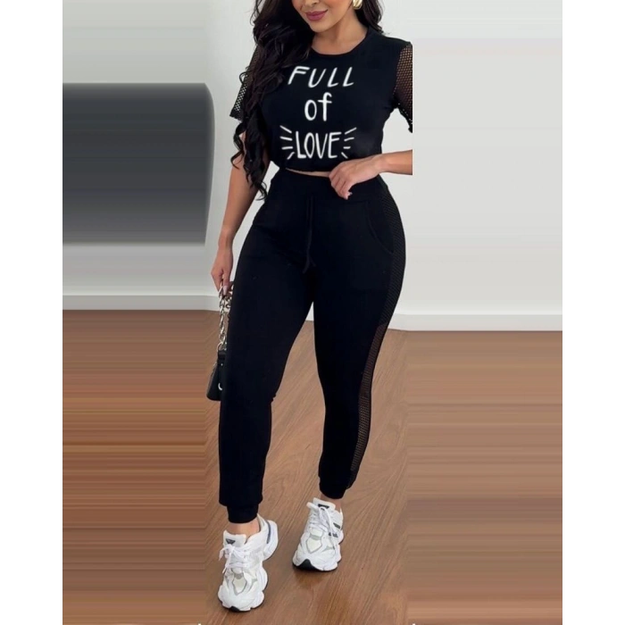 Kadın Kısa Kollu Bisiklet Yaka File Detaylı Viskon Iki Iplik Krop Ve Eşofman Altı Ikili Takım