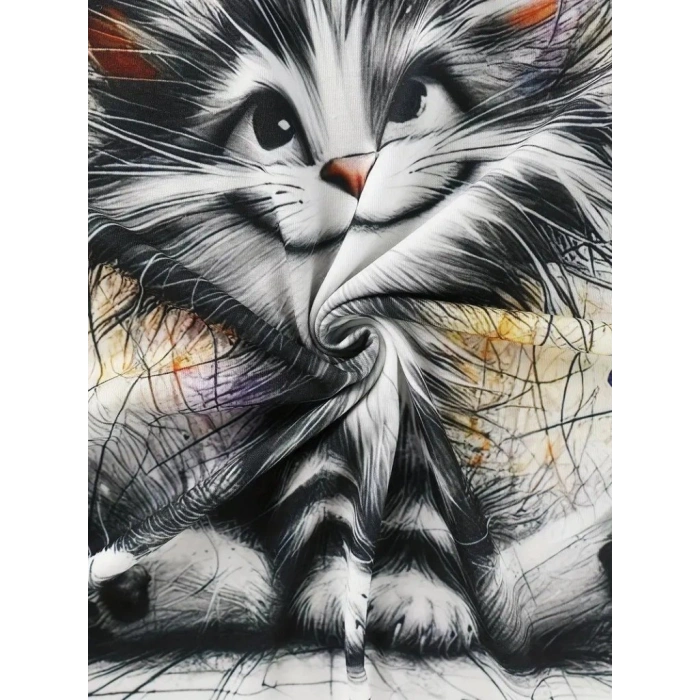 Kadın Kısa Kollu Bisiklet Yaka Kedi Baskılı Süprem Bluz