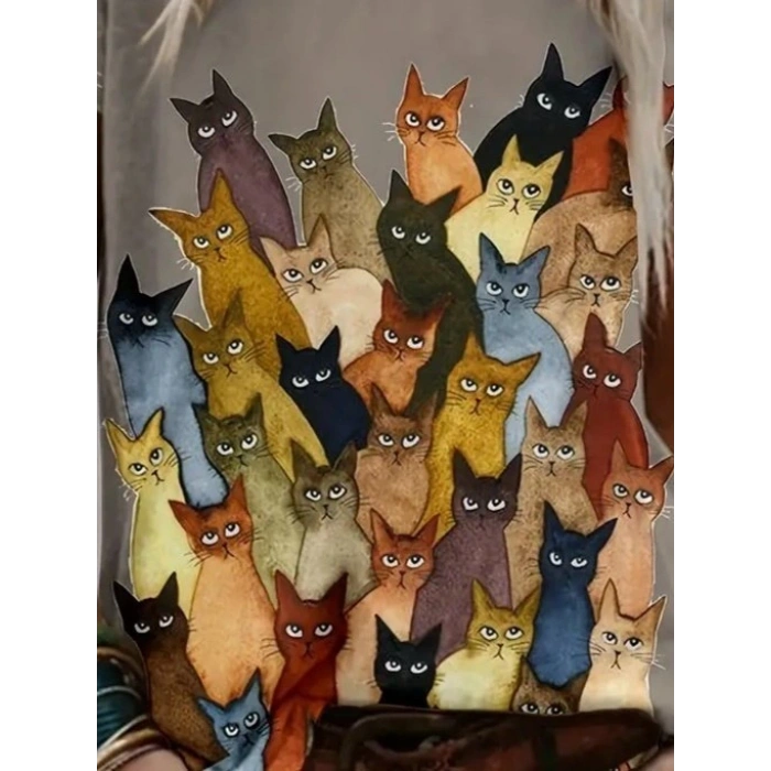 Kadın Kısa Kollu Bisiklet Yaka Kedi Desenli Süprem Bluz