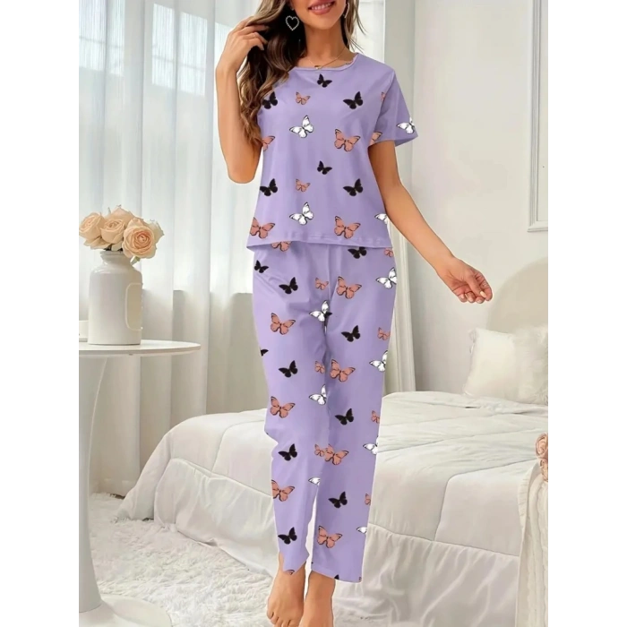 Kadın Kısa Kollu Bisiklet Yaka Kelebek Baskılı Süprem Ikili Takım