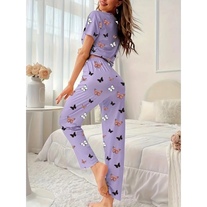 Kadın Kısa Kollu Bisiklet Yaka Kelebek Baskılı Süprem Ikili Takım