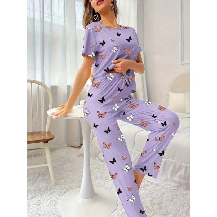 Kadın Kısa Kollu Bisiklet Yaka Kelebek Baskılı Süprem Ikili Takım