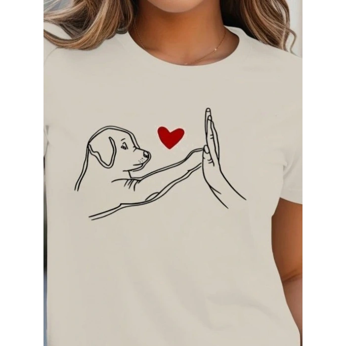 Kadın Kısa Kollu Bisiklet Yaka Köpek Baskılı Viskon Bluz