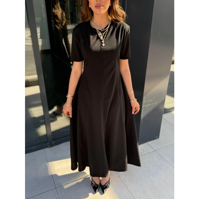 Kadın Kısa Kollu Bisiklet Yaka Maksi Boy Ithal Krep Elbise