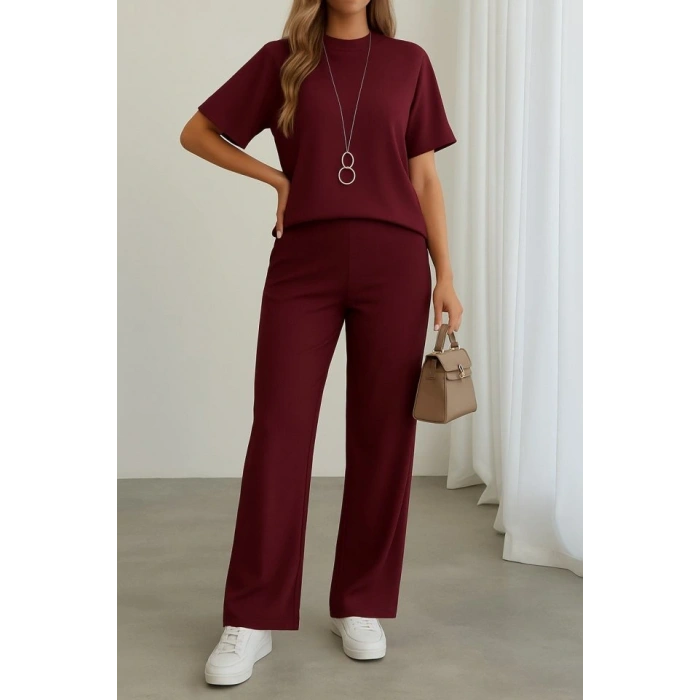 Kadın Kısa Kollu Bisiklet Yaka Omuzdan Düğmeli Viskon Iki Iplik Kısa Bluz Ve Pantolon Ikili Takım