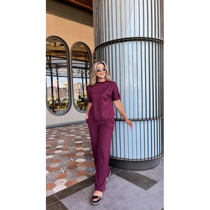 Kadın Kısa Kollu Bisiklet Yaka Omuzdan Düğmeli Viskon Iki Iplik Kısa Bluz Ve Pantolon Ikili Takım