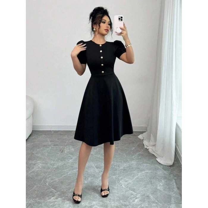 Kadın Kısa Kollu Bisiklet Yaka önden Düğmeli Ithal Krep Elbise