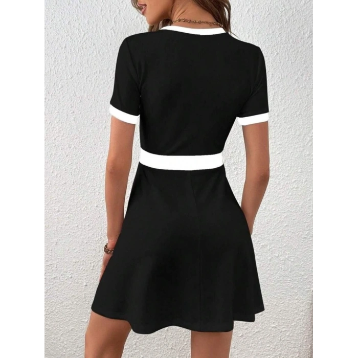 Kadın Kısa Kollu Bisiklet Yaka önden Düğmeli Modal Elbise