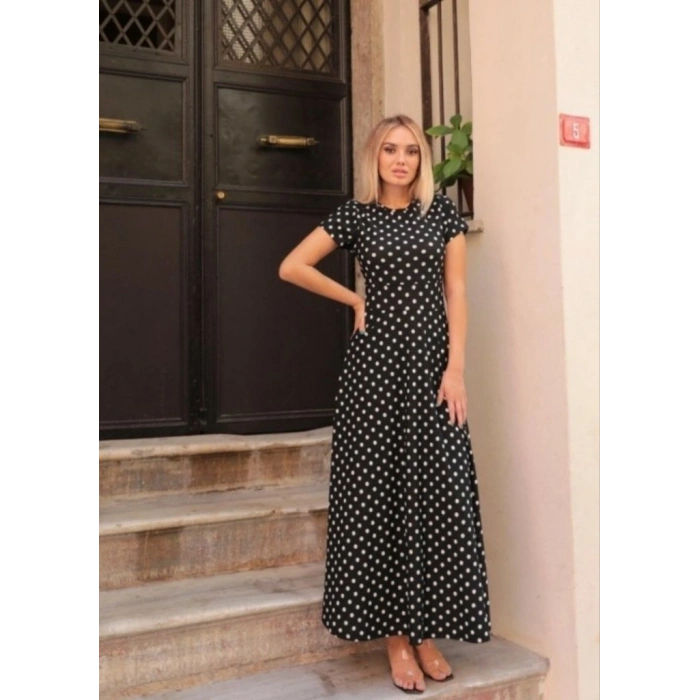 Kadın Kısa Kollu Bisiklet Yaka Puantiyeli Maksi örme Krep Elbise