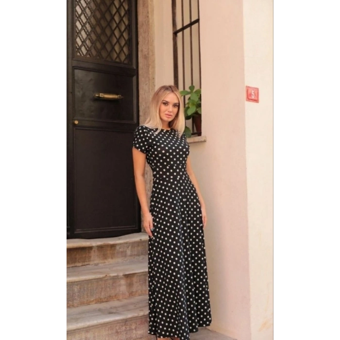 Kadın Kısa Kollu Bisiklet Yaka Puantiyeli Maksi örme Krep Elbise