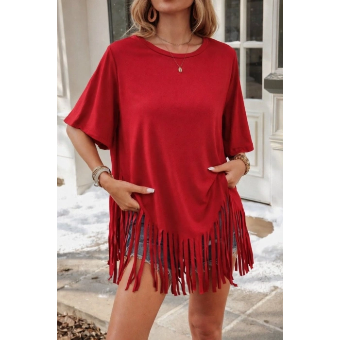 Kadın Kısa Kollu Bisiklet Yaka Püsküllü Viskon Bluz