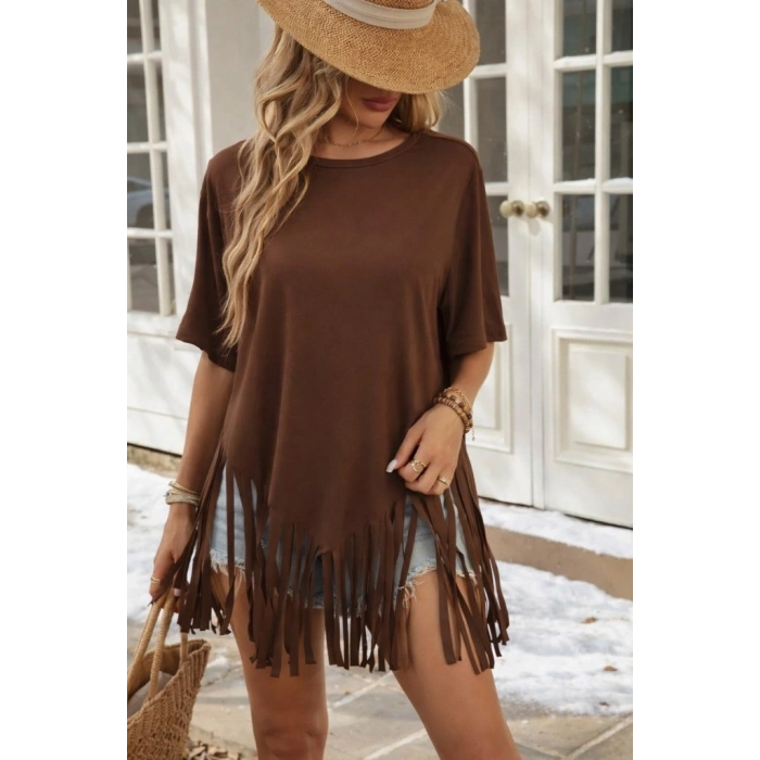 Kadın Kısa Kollu Bisiklet Yaka Püsküllü Viskon Bluz