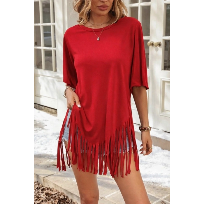 Kadın Kısa Kollu Bisiklet Yaka Püsküllü Viskon Bluz