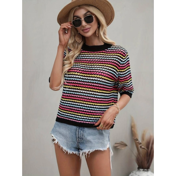 Kadın Kısa Kollu Bisiklet Yaka Renkli şerit Detaylı Triko Bluz
